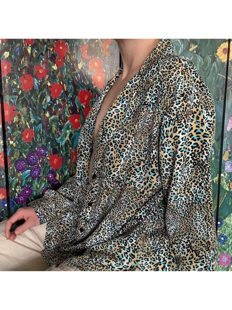 Vintage Blue And Beige Print Button Up Blouse